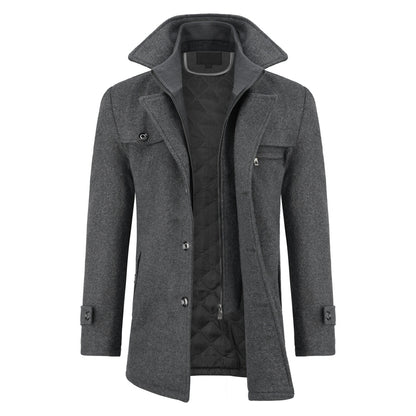 Men’s Solid Color Thick Double-Layer Collar Casual Overcoat Gray