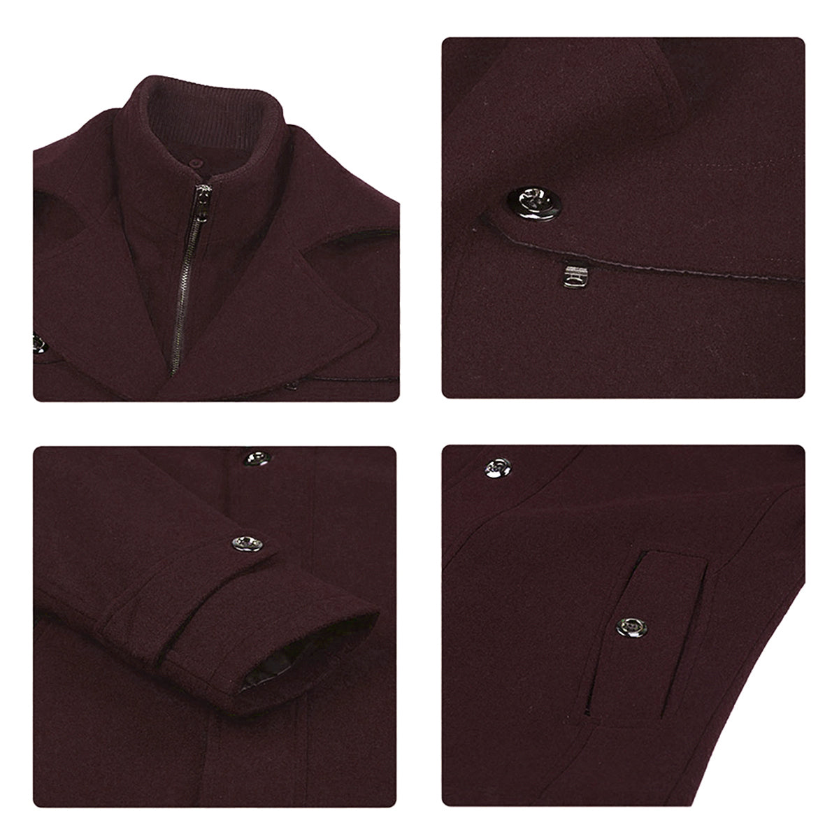 Men’s Solid Color Thick Double-Layer Collar Casual Overcoat Wine Red