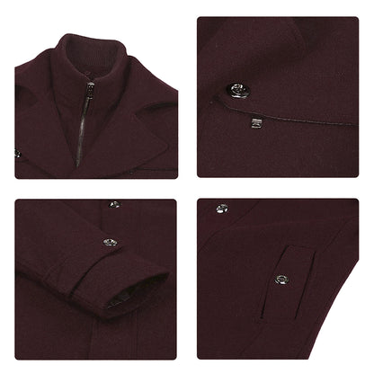 Men’s Solid Color Thick Double-Layer Collar Casual Overcoat Wine Red