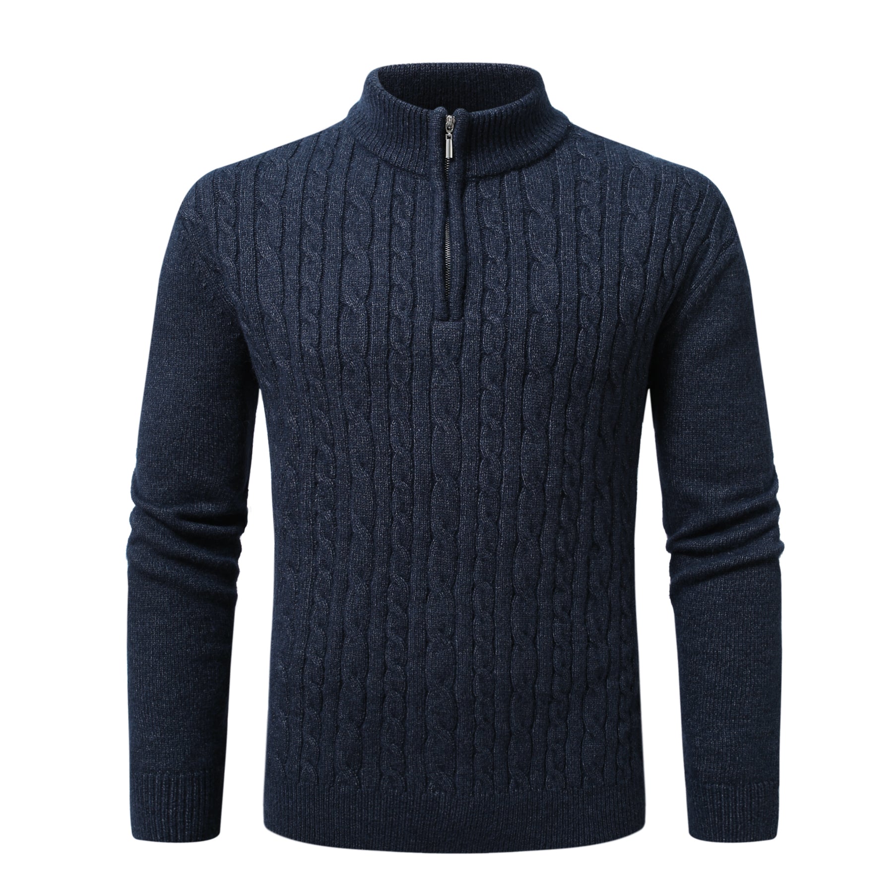 Mens Solid Color Half-Zip Stand Collar Loose-Fit Long-Sleeve Sweater Navy