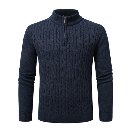 Mens Solid Color Half-Zip Stand Collar Loose-Fit Long-Sleeve Sweater Navy