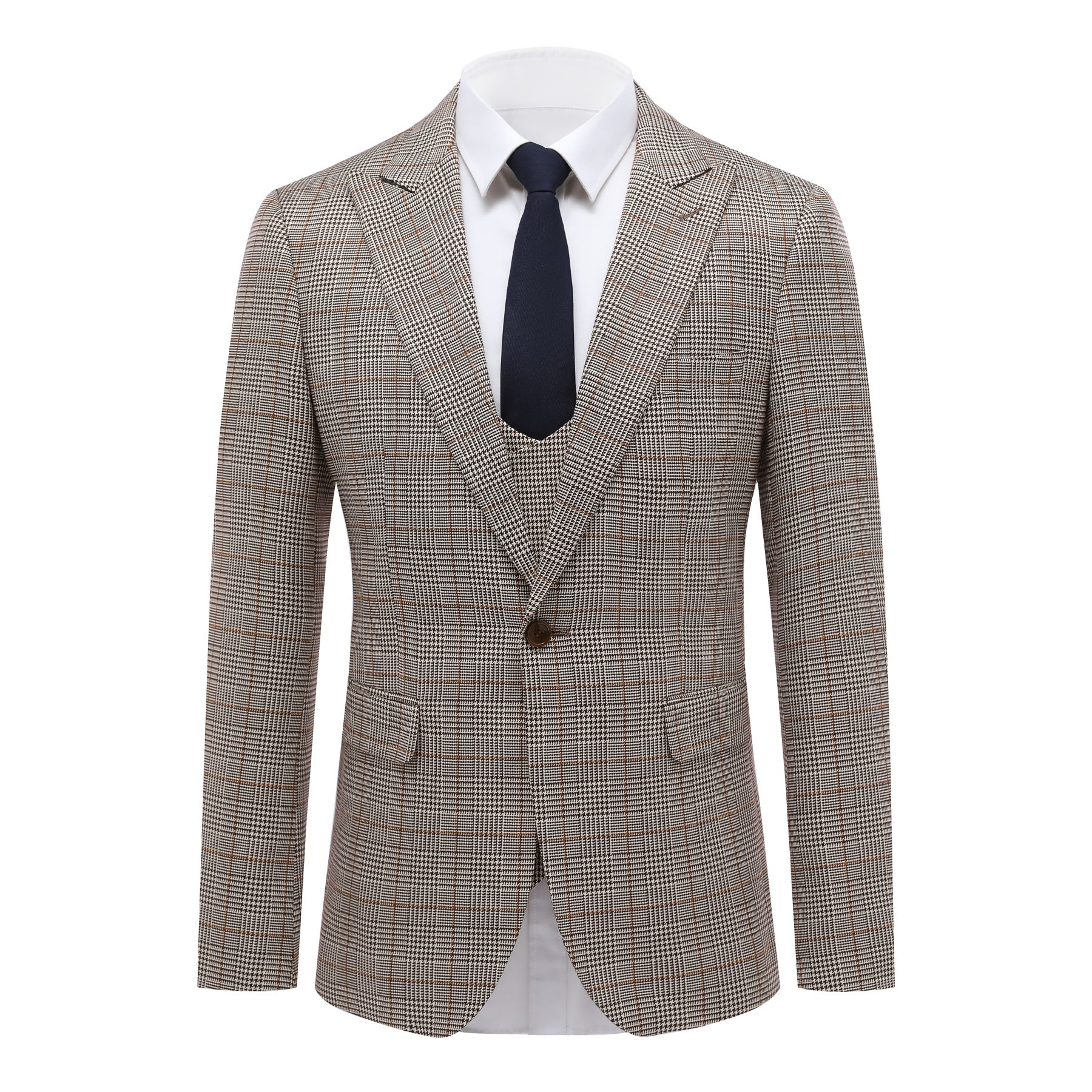 3-Piece Suit Plaid Design Suit Coffee