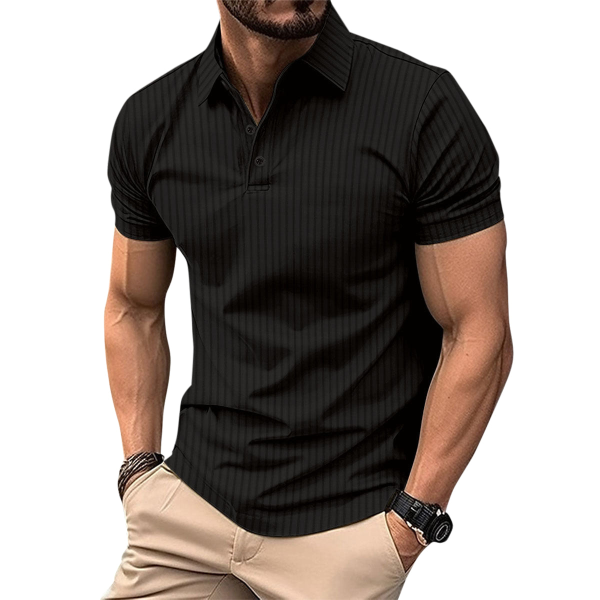 Herren Poloshirt mit Streifenmuster, kurzärmelig, Schwarz