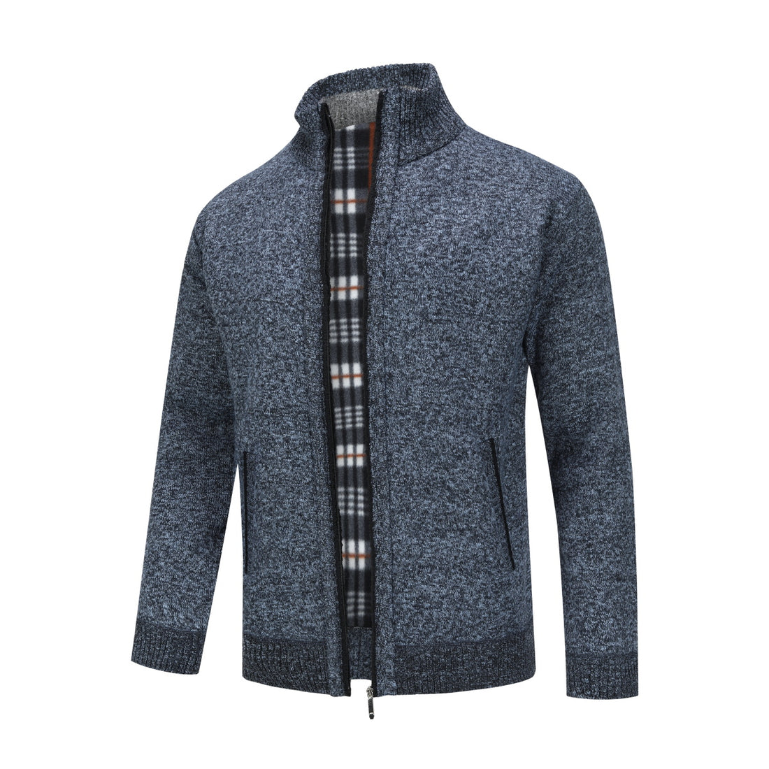 Mens Solid Color Stand Collar Long Sleeve Cardigan Blue