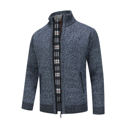 Mens Solid Color Stand Collar Long Sleeve Cardigan Blue