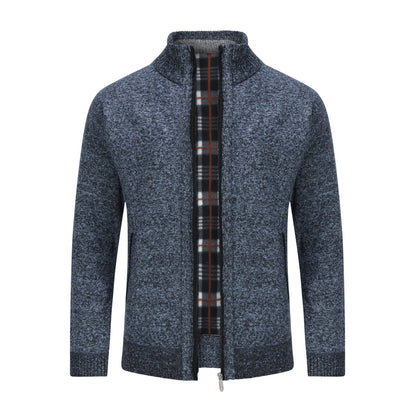Mens Solid Color Stand Collar Long Sleeve Cardigan Blue