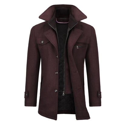 Men’s Solid Color Thick Double-Layer Collar Casual Overcoat Wine Red
