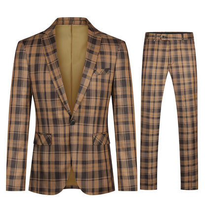 Plaid Stripe Suit Slim Fit 2-Piece Suit Khaki