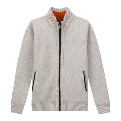 Mens Solid Color Stand Collar Long Sleeve Cardigan Beige