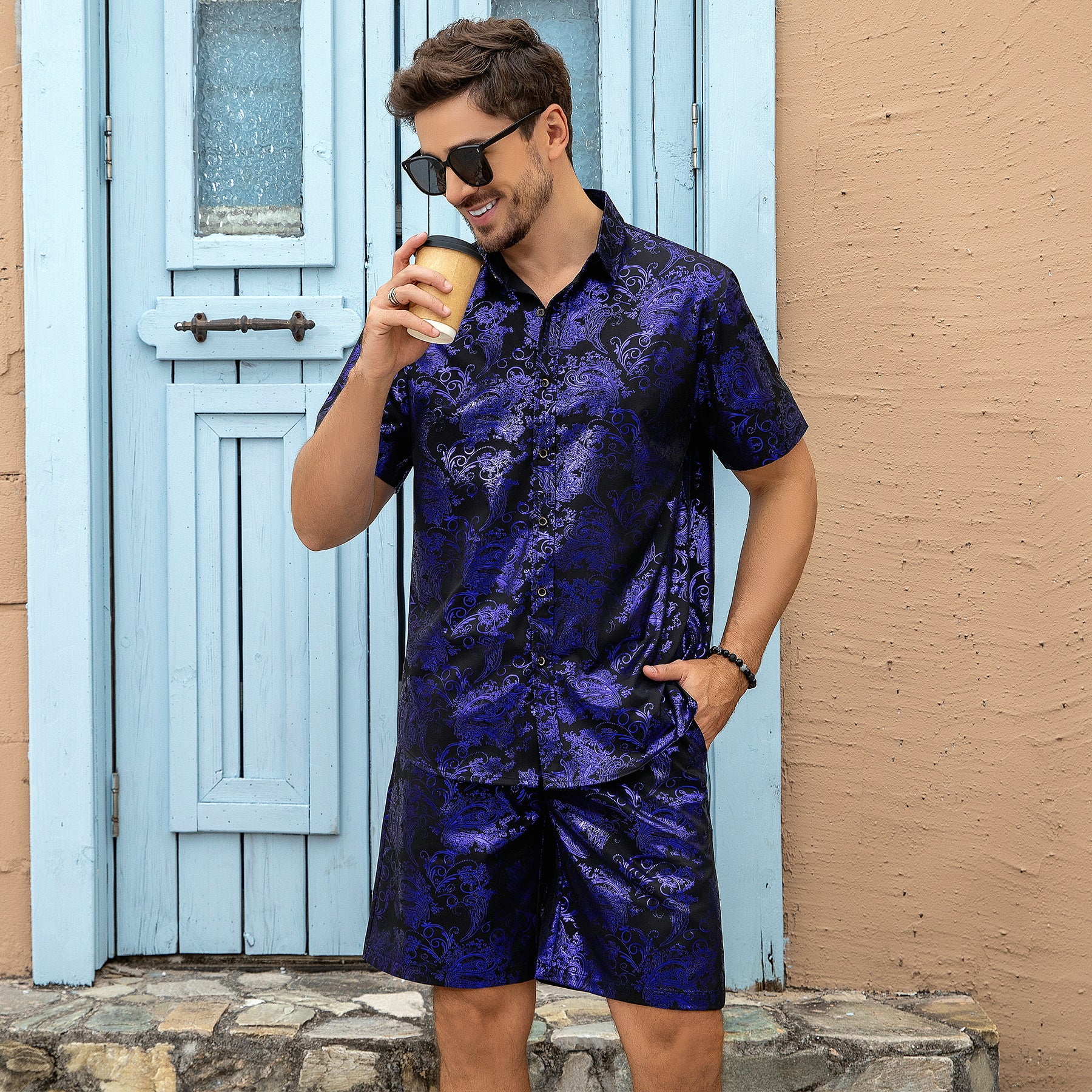 2-teiliger Sommeranzug im Hawaii-Print-Stil für Herren, Weiß