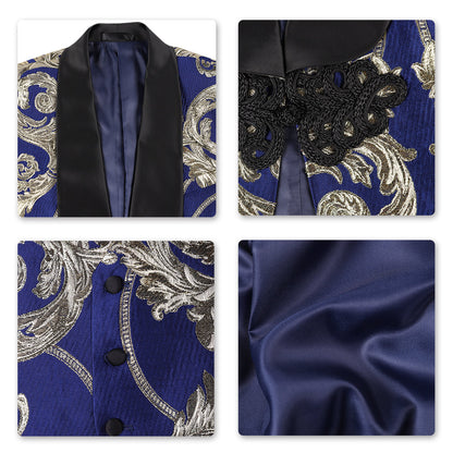 Blue Disc Buckle Jacquard Floral 3-Piece Dress Suit