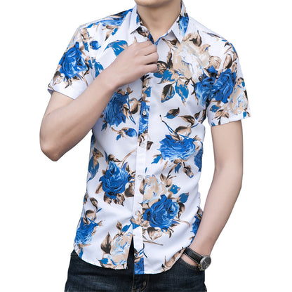 Slim Fit Blue Flower Floral Style Shirt White