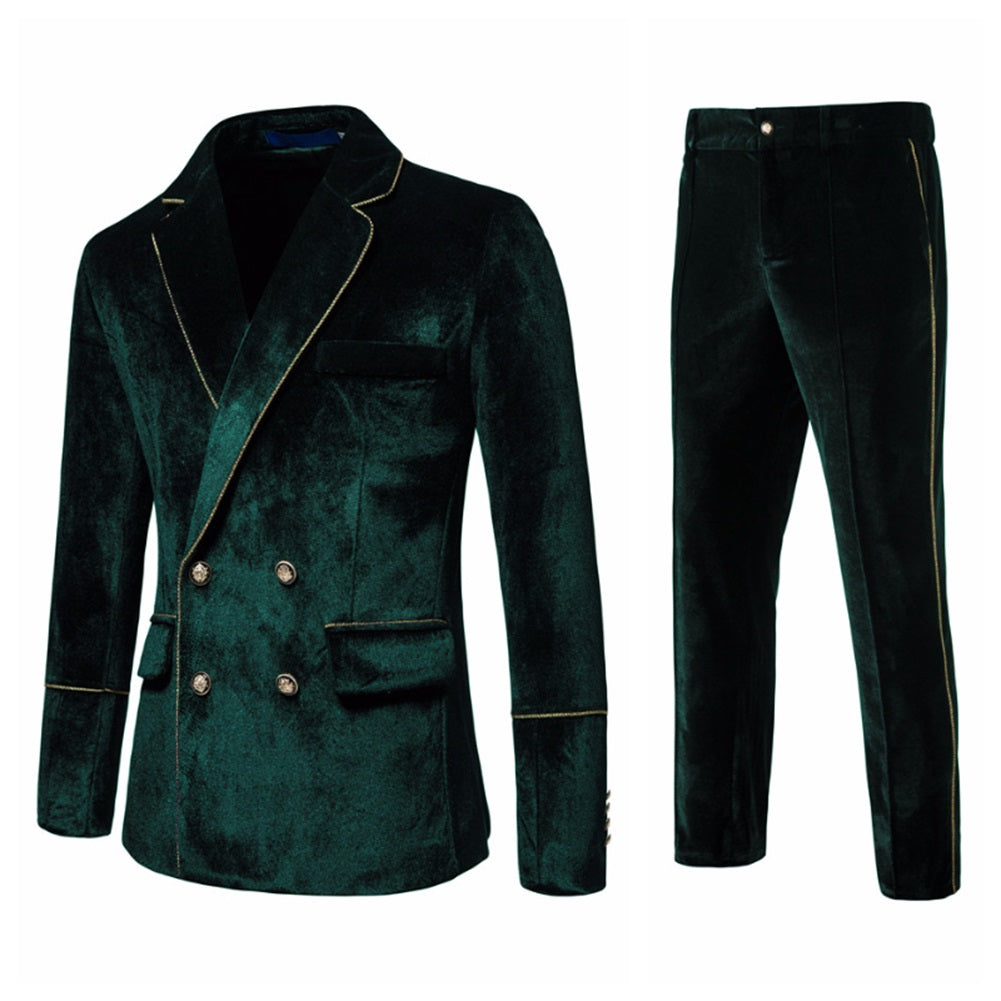 Green Velvet-Trimmed 2-Piece Double-Breasted Suit