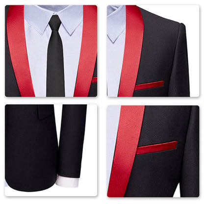 3-Piece Red Contrasting Color Shawl Collar Suit