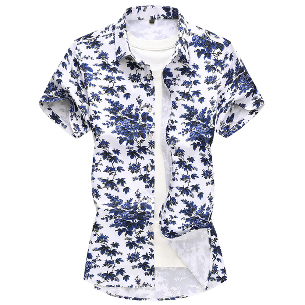 Slim Fit Blue Small Leaves Blooming Shirt Blue