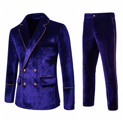 Blue Velvet-Trimmed 2-Piece Double-Breasted Suit