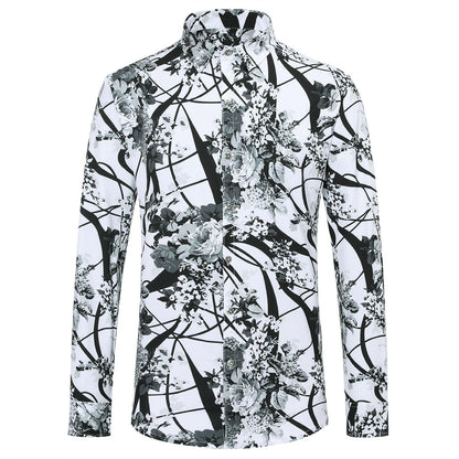 Slim Fit White Plum Flower Print Shirt