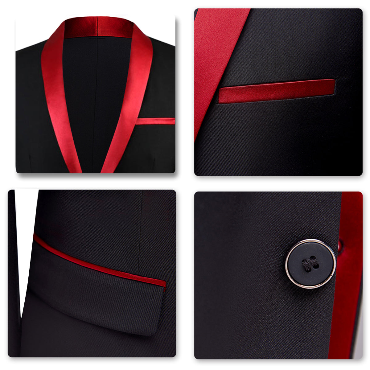 3-Piece Red Contrasting Color Shawl Collar Suit
