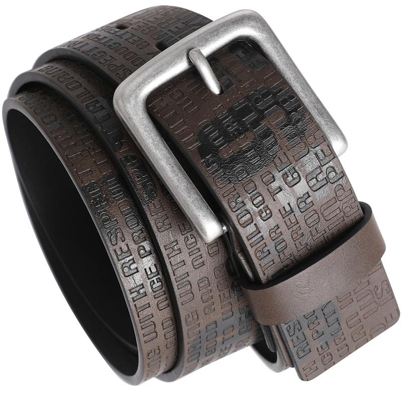 Genuine Leather Dress Belt Letter Printing Pin Buckle Belt Brown