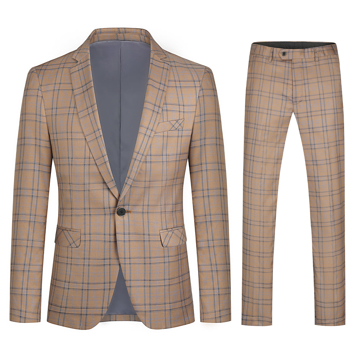 Plaid Stripe Suit Slim Fit 2-Piece Suit Deep Khaki