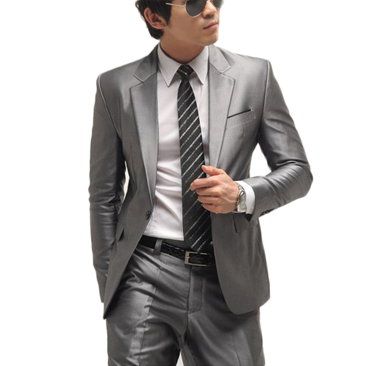 Two Piece Silver Suit One Button Suit