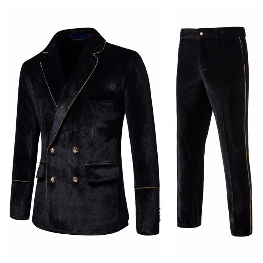 Black Velvet-Trimmed 2-Piece Double-Breasted Suit