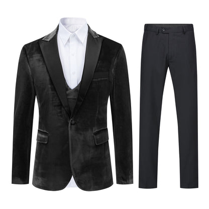 Black Velvet Tuxedo Suit - 3-Piece One Button Lapel Design