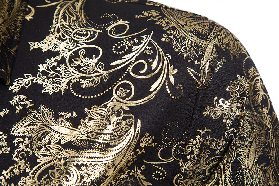 Slim Fit Bronzing Gold Leaves Shirt Black