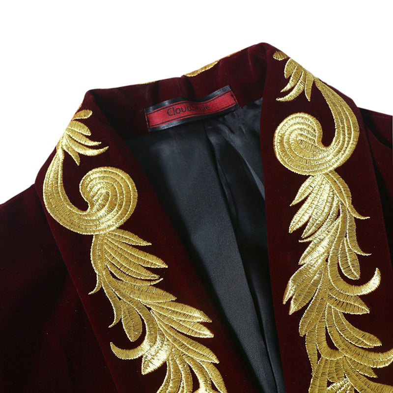 Dark Red Velveteen Suit 2-Piece Embroidered Suit