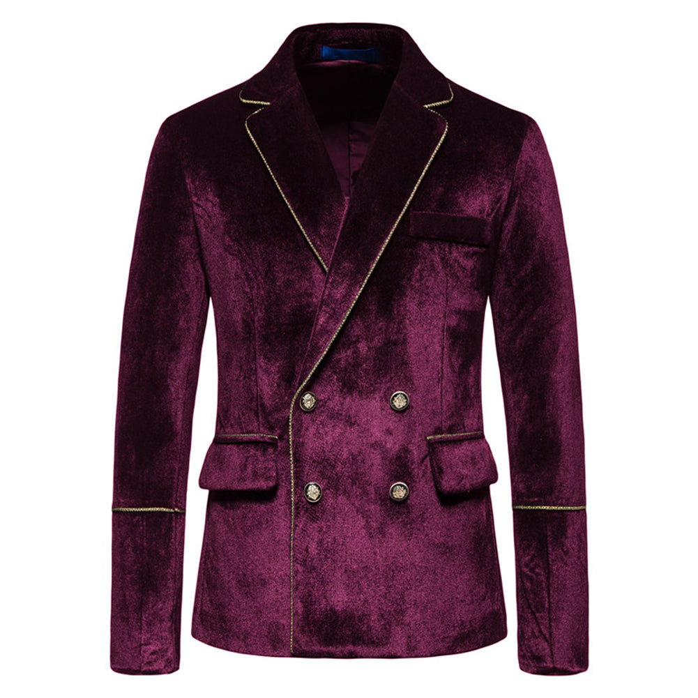 Maroon Velvet-Trimmed 2-Piece Double-Breasted Suit