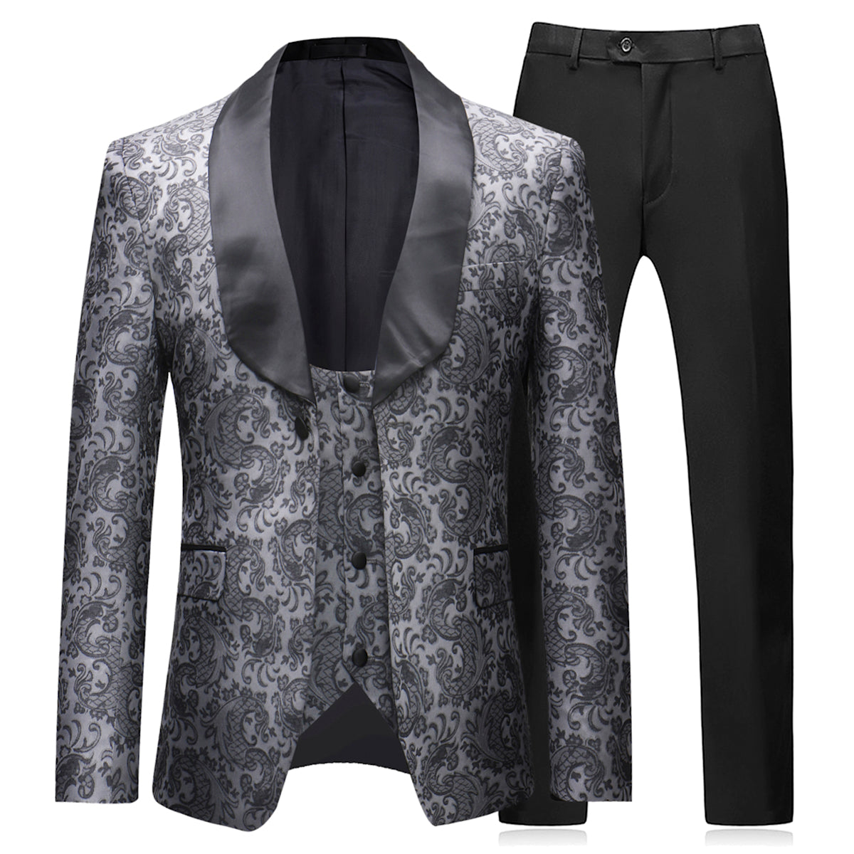 Mens Slim Fit Exquisite Pattern 3 Piece Suit Black