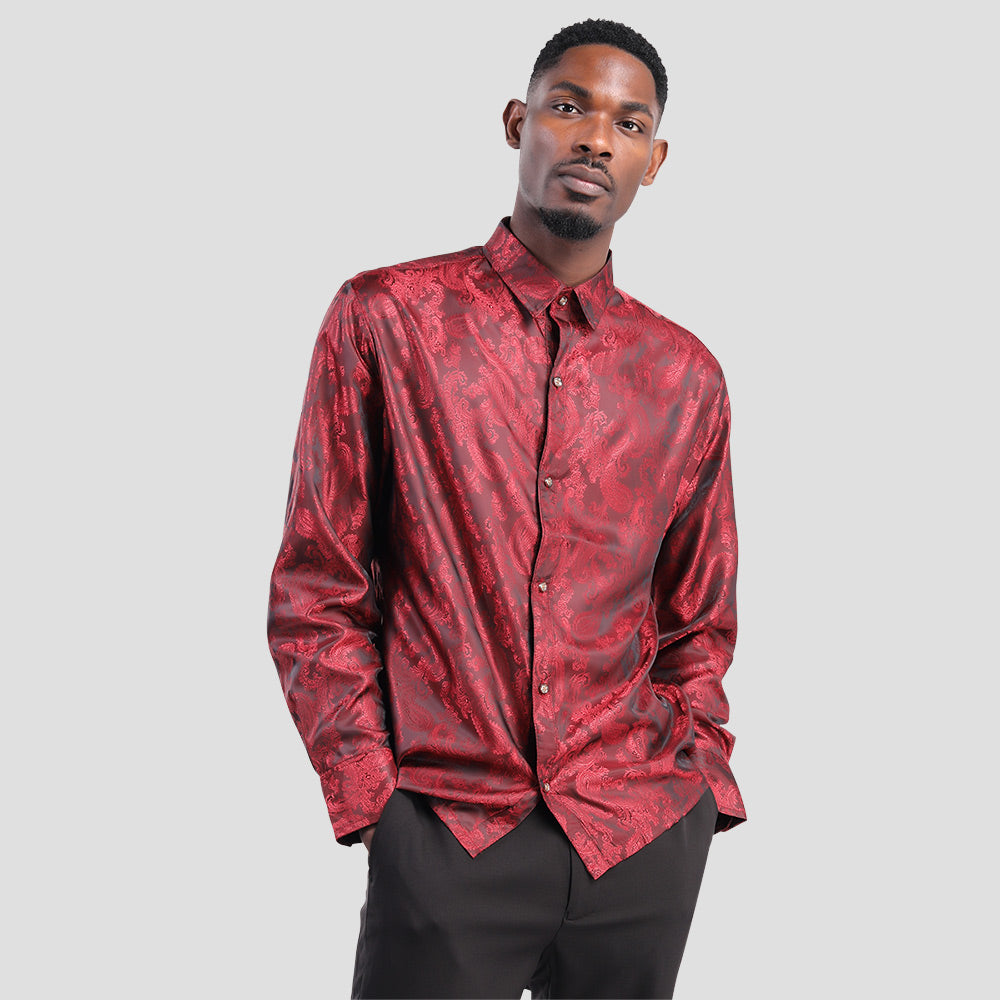 Slim Fit Embroidered Maroon Paisley Shirt