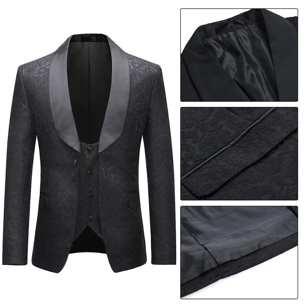 3-Piece Slim Fit Black Dress Paisley Suit
