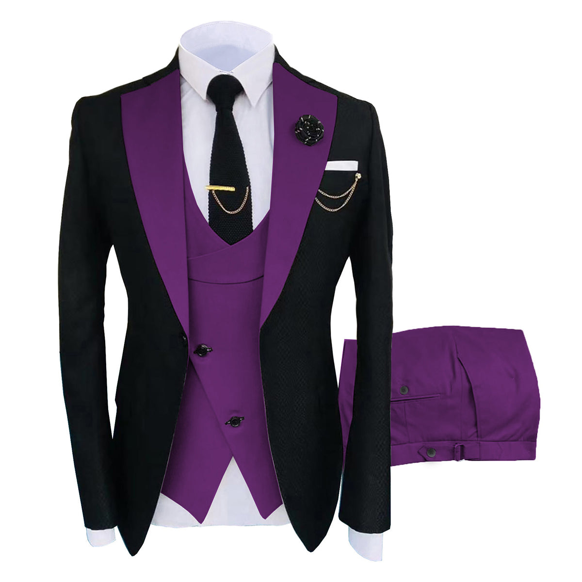 3-piece Fashionable One-Button Colorblock Suit Purple