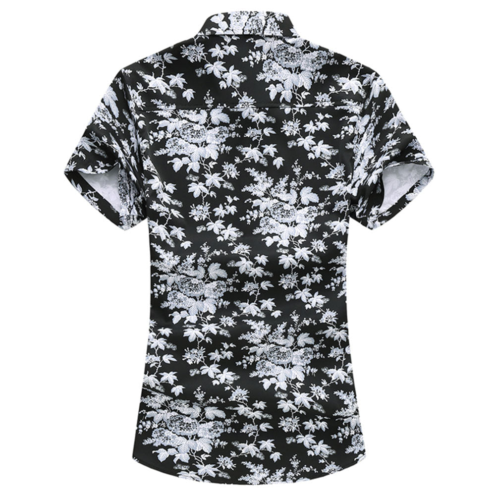 Slim Fit White Small Leaves Blooming Shirt Black