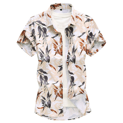 Slim Fit Autumn Leaves Blooming Shirt Khaki